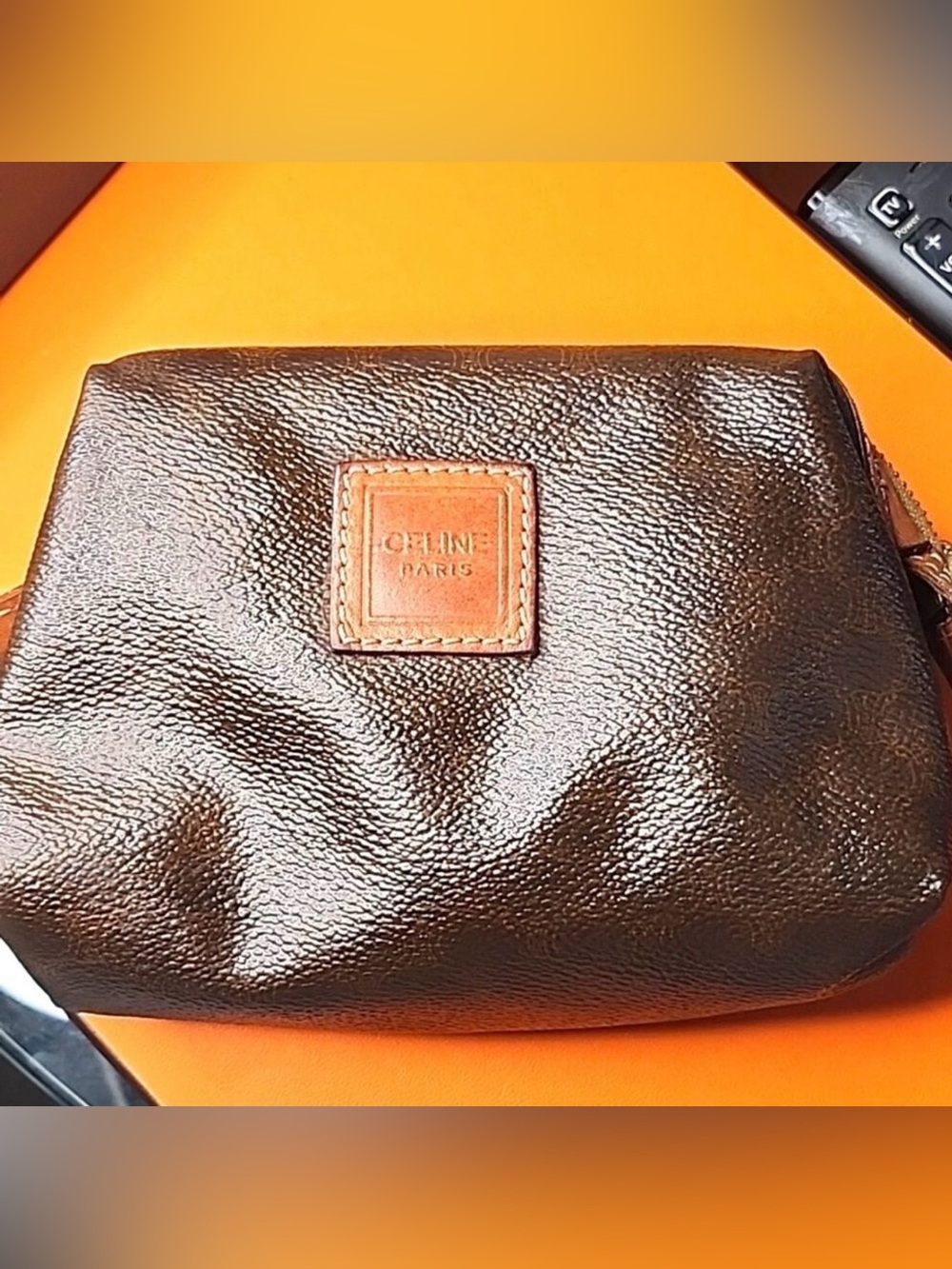 Vintage Unisex Celine Black Leather Toiletry Pouch with Brown Logo Patch